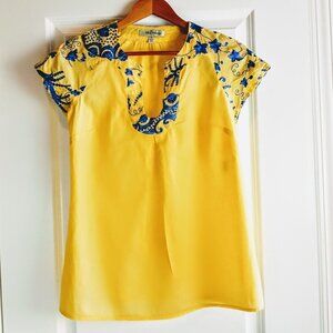 Beth Bowley Embroidered Blue Yellow Cotton Top